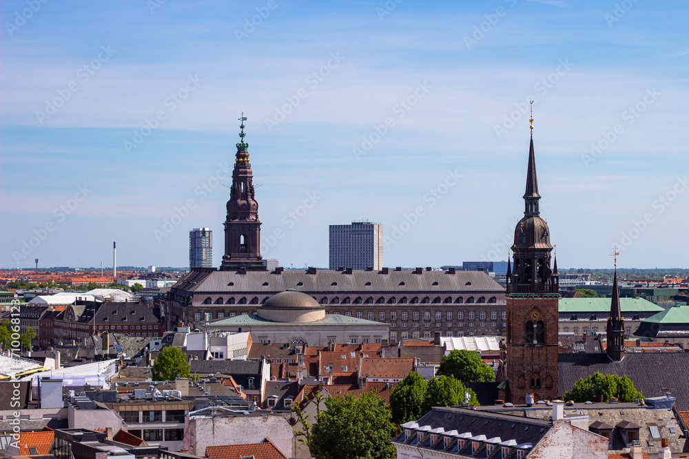 Christiansborg Slot Palace, Church of Holy Ghos and beautiful historical buildings in center of Copenhagen, Denmark. View from Round Tower (Danish: Rundetaarn)