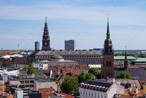 Christiansborg Slot Palace and Church of Holy Ghost in center of Copenhagen, Denmark. View from Round Tower (Danish: Rundetaarn)