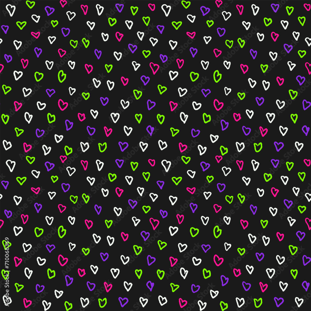 Neon colored doodle hearts pattern in 90s style on black background. Bold hand drawn ink scribbles in heart shapes. Modern trendy background or illustration. Abstract textile, banner, wrapping paper Neon colored doodle hearts pattern in 90s style on black background. Bold hand drawn ink scribbles in heart shapes. Modern trendy background or illustration. Abstract textile, banner, wrapping paper