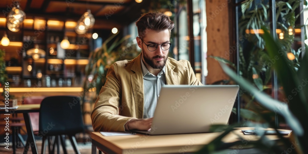 Trendy style businessman working at a laptop
