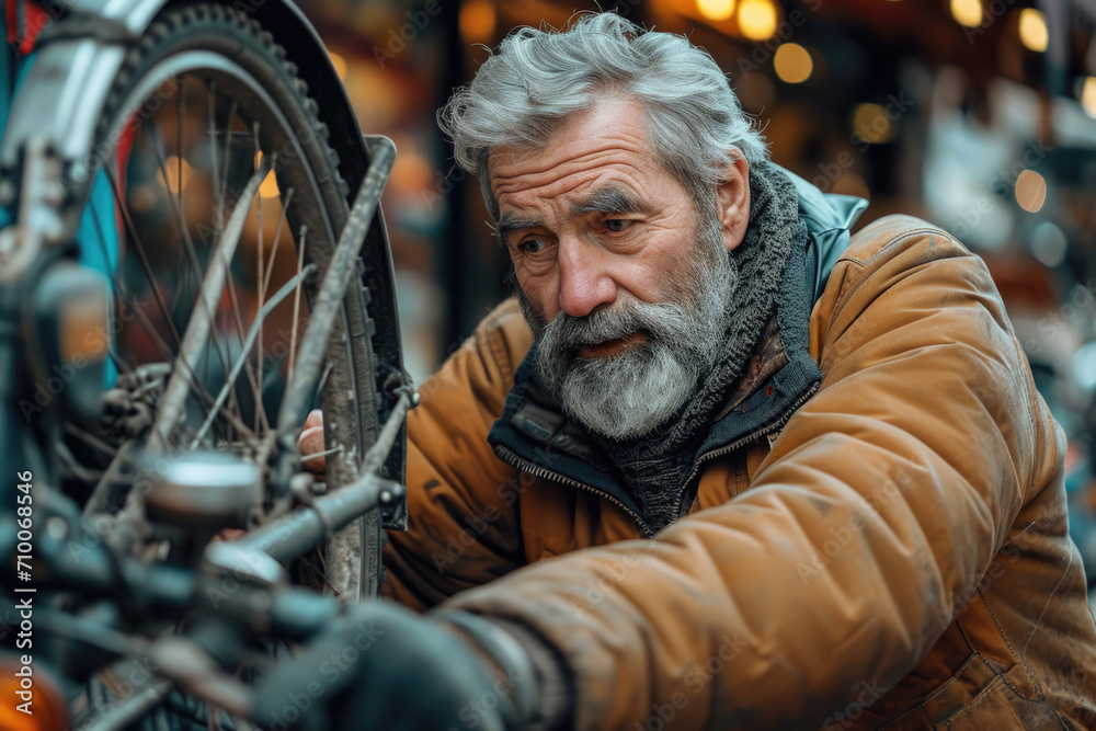Älterer Mann arbeitet an einem Fahrrad