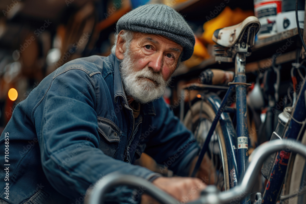 Älterer Mann arbeitet an einem Fahrrad
