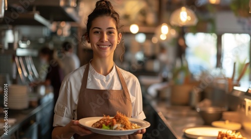 a server holds a plate of food in a restaurant