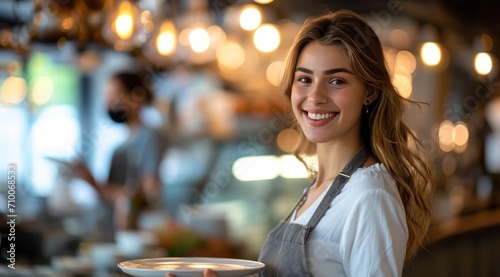 a waitress holding a plate of food