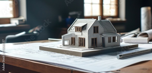 a model home sitting on a table with various architectural drawings,