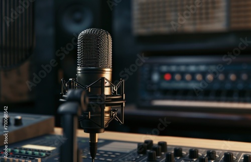 a microphone sits on a desk in a recording studio