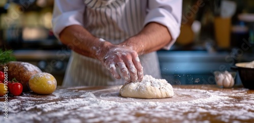 chef kneading dough on wooden countertop