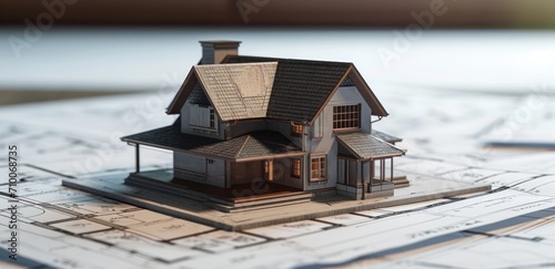 a model home sitting on a table with various architectural drawings,
