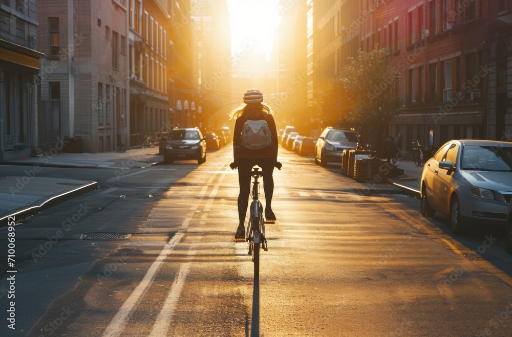 a lady riding a bike down a street at sunrise