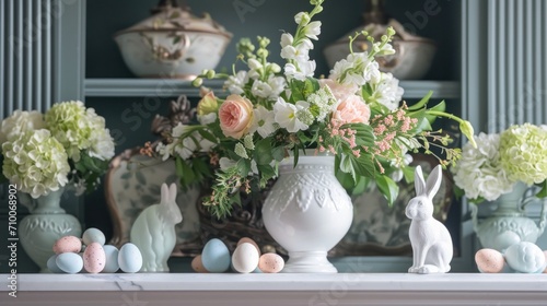A fireplace mantel adorned with Easter-themed decor