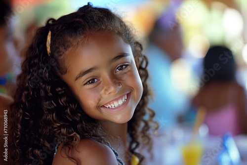 a young girl smiles at a birthday party,