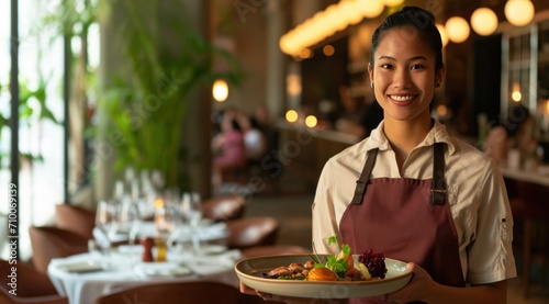a server holds a plate of food in a restaurant