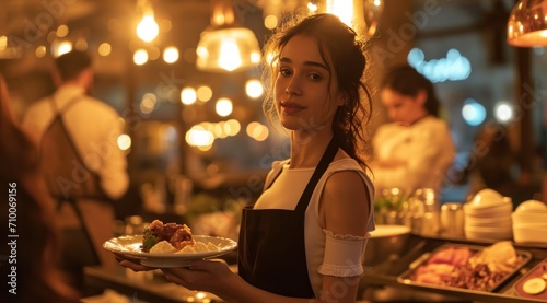 a beautiful waitress in full uniform in a white top bringing food