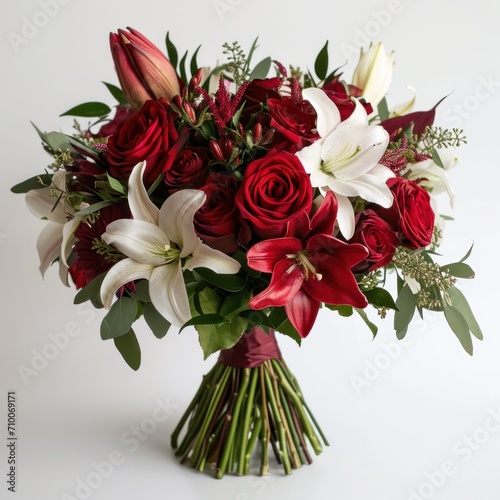 Bouquets of red roses, delicate lilies, and aromatic petals