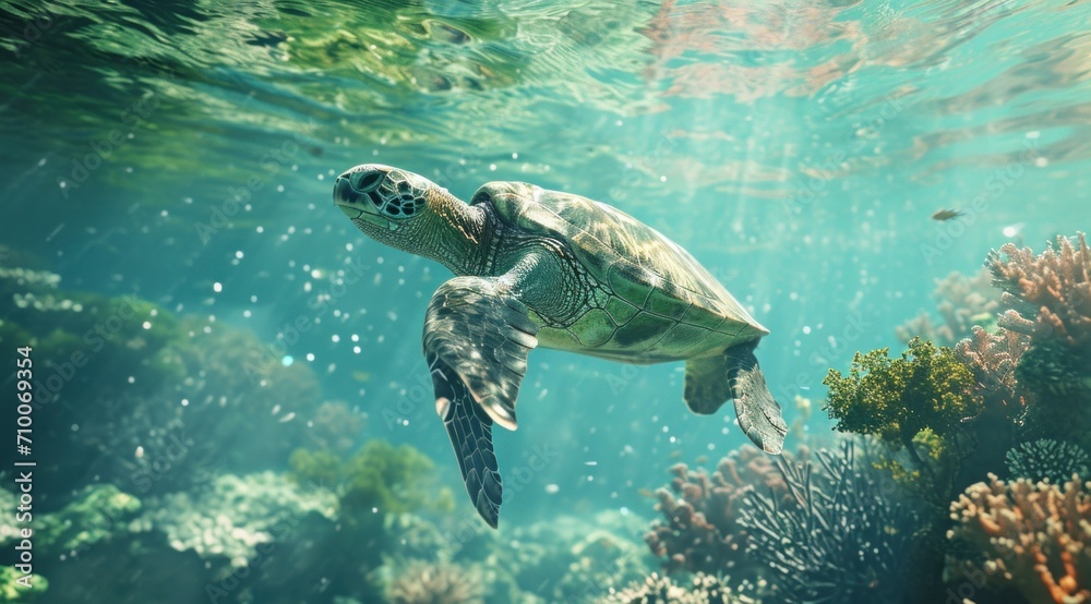 a turtle swimming in the ocean surrounded by coral reefs a turtle swimming in the ocean surrounded by coral reefs