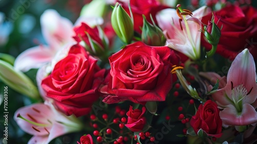 Bouquets of red roses  delicate lilies  and aromatic petals