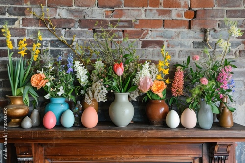 Colorful Eggs and Spring Florals Frame Fireplace