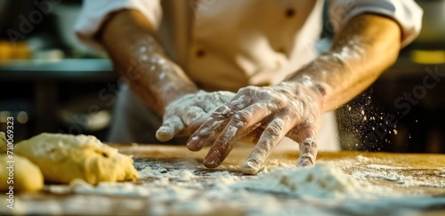 chef kneading dough on wooden countertop