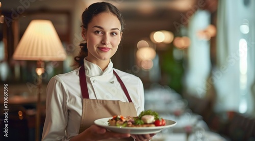 a beautiful waitress in full uniform in a white top bringing food