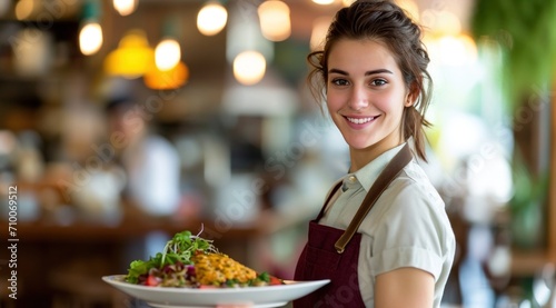 a waitress holding a plate of food