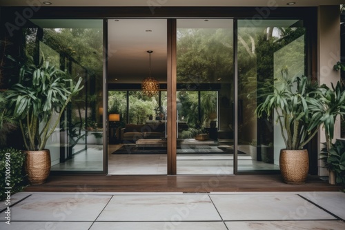 Modern Home Entrance with Glass Doors and Wooden Paneling