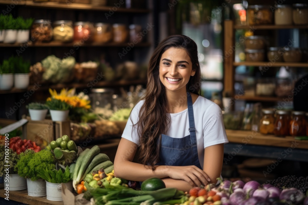 Portrait of a young woman working in healthy food store