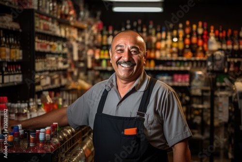 Smiling male bartender at a vintage liquor store