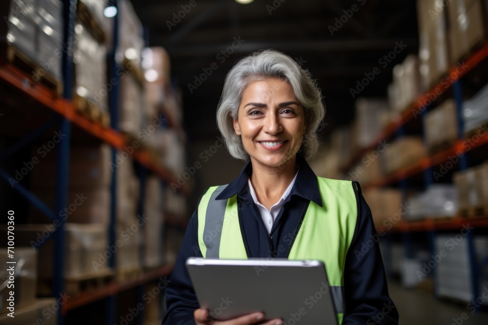Portrait of a middle aged woman using tablet in warehouse