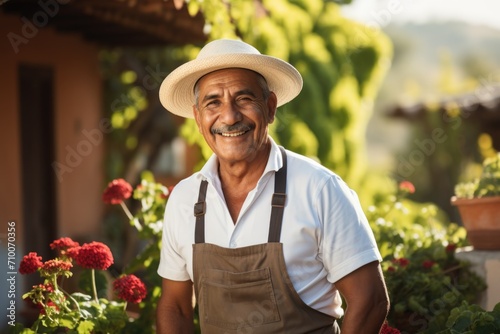 Smiling gardener with hat standing in summer garden