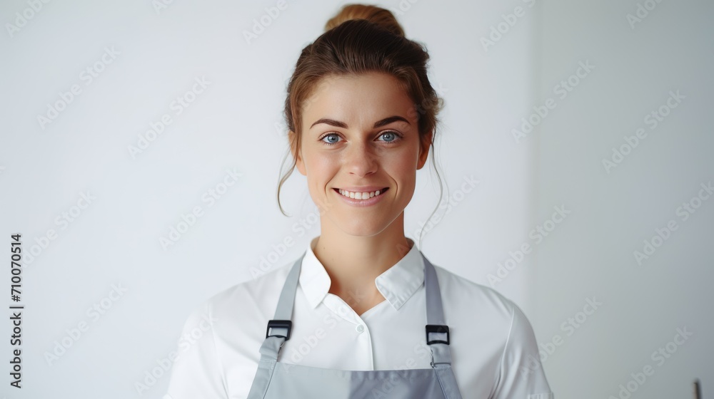 Kitchen delight: A happy woman in an apron smiles against a white background. Kitchen delight: A happy woman in an apron smiles against a white background.
