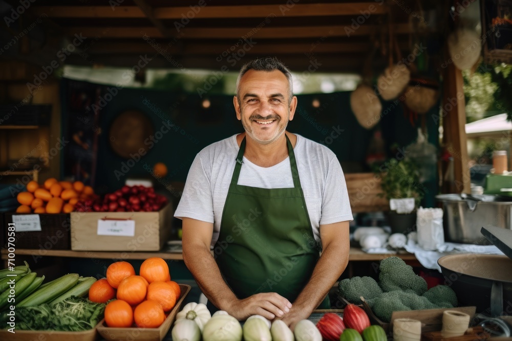 Fototapeta premium Happy Mature Male Vendor at a Fruit Stand with Fresh Produce
