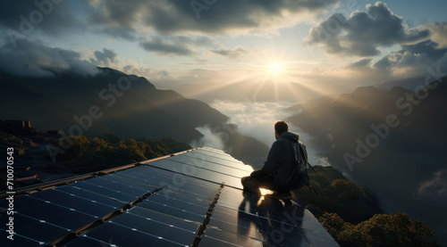 Solar panels against the backdrop of mountains harness green energy, generative AI