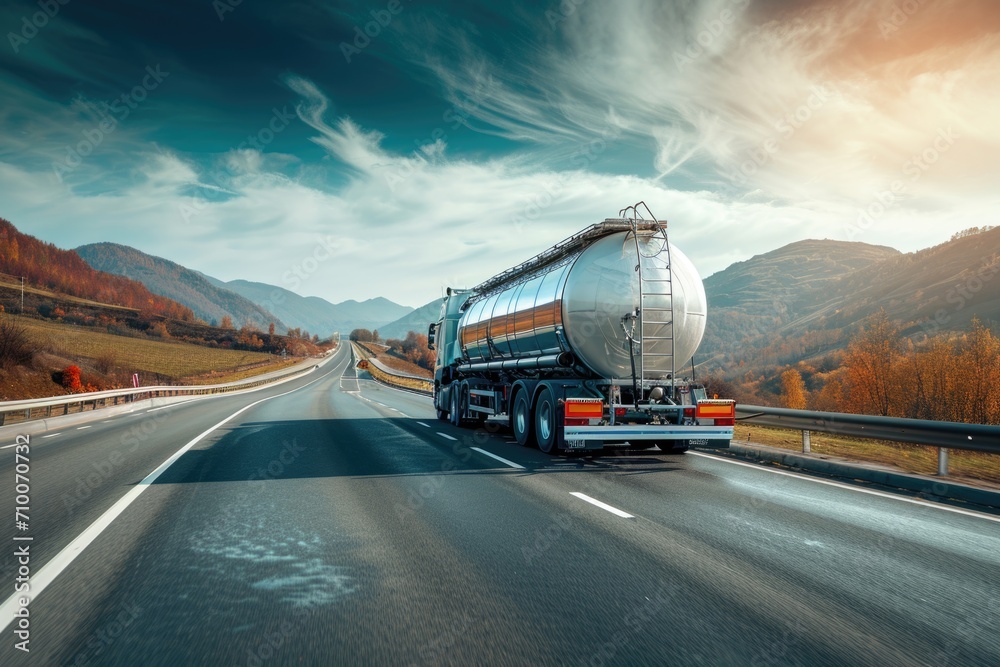 Semi Truck Transporting a Silver Tanker Trailer on a Highway Semi Truck Transporting a Silver Tanker Trailer on a Highway