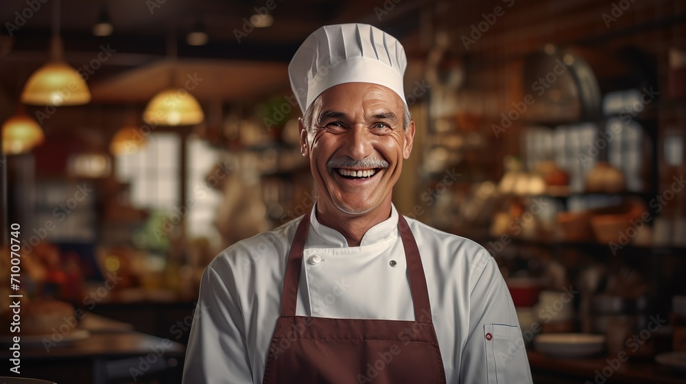 Chef with his standing at restaurant kitchen. Male cook wearing apron standing by kitchen counter and smiling. Chef with his standing at restaurant kitchen. Male cook wearing apron standing by kitchen counter and smiling.