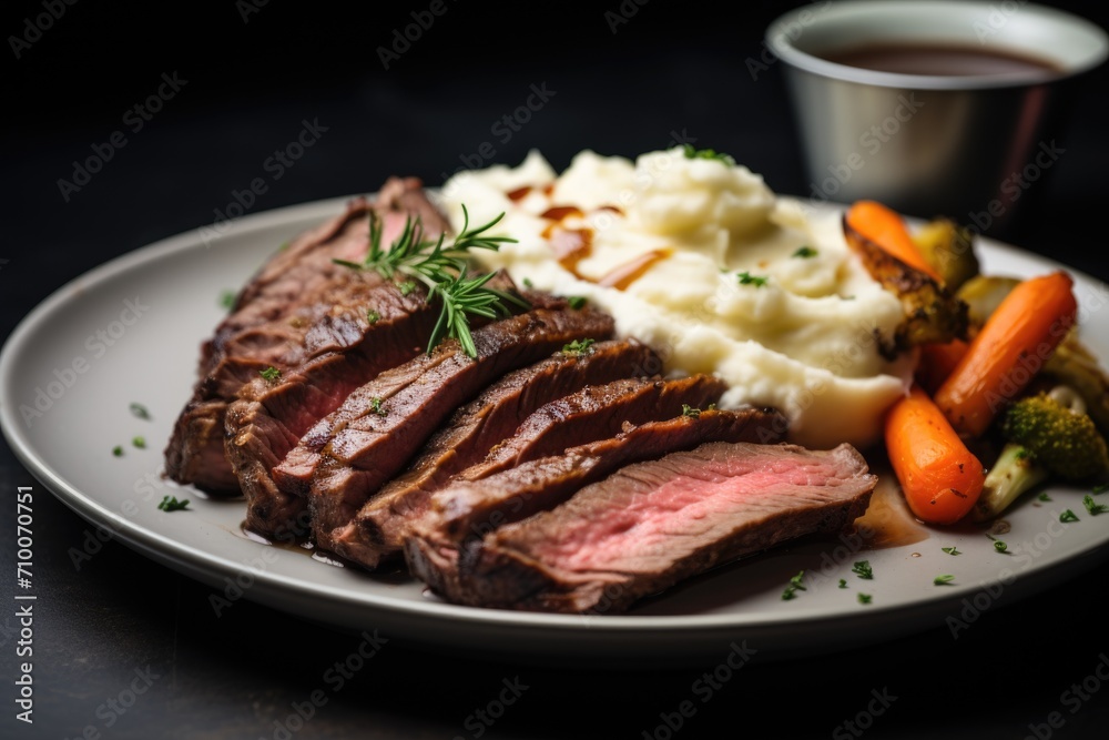 Close up sliced roast beef with vegetables served on a plate Close up sliced roast beef with vegetables served on a plate