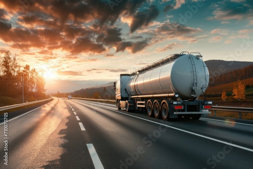 Semi Truck Transporting a Silver Tanker Trailer on a Highway photo