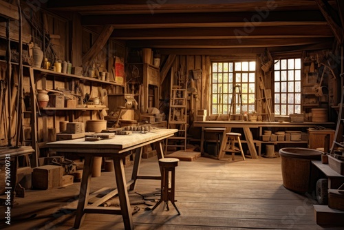 Traditional woodworking shop in an old attic with vintage tools
