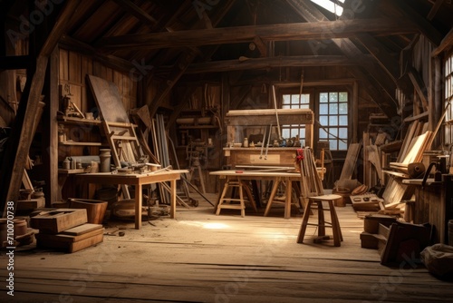 Traditional woodworking shop in an old attic with vintage tools photo