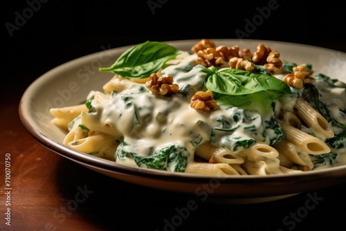 Pasta with cream sauce, spinach, and walnuts on plate