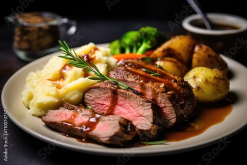Close up sliced roast beef with vegetables served on a plate photo