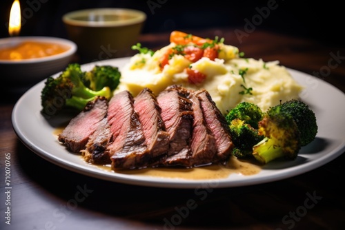 Close up sliced roast beef with vegetables served on a plate