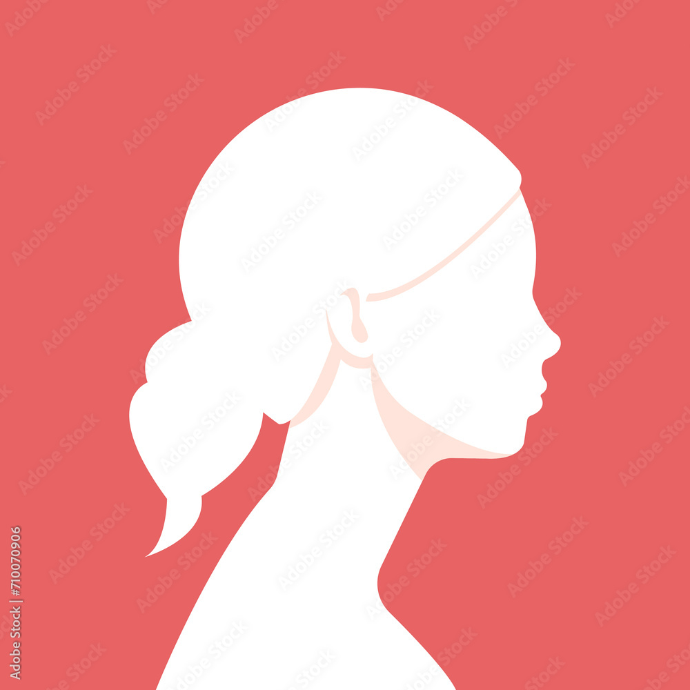 Girl silhouette in profile. Pink background. Side view portrait. Unrecognizable girl without face. Girl isolated profile portrait.