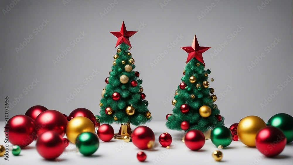 christmas tree decoration A white background with a green geometric christmas tree and red and yellow balls and a star christmas tree decoration A white background with a green geometric christmas tree and red and yellow balls and a star
