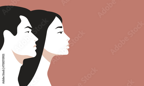 Asian man and woman profile portraits. Ethnic diversity and modern lifestyle. Togetherness and family concept. Horizontal background.