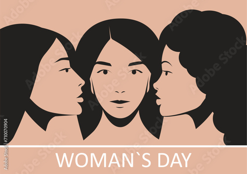 Different woman portraits in a row. Front view. Profile view. International woman day horizontal banner. Friendship, unity, woman rights, solidarity and multiracial union.