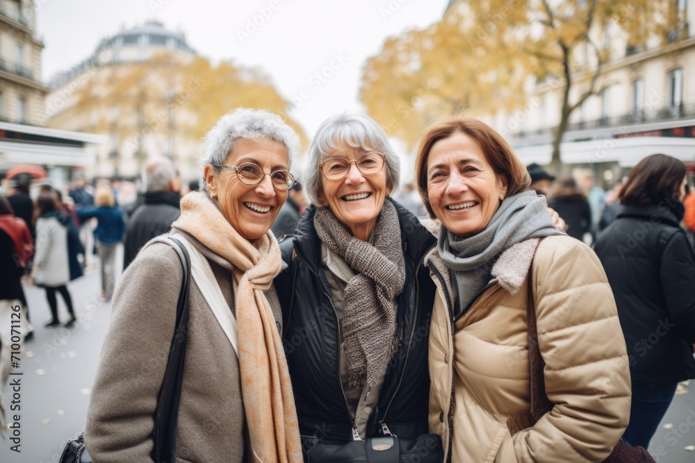 Portrait of smiling senior female friends shopping in paris Portrait of smiling senior female friends shopping in paris