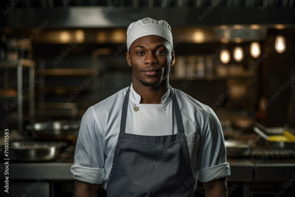 Portrait of a young male black chef in commercial kitchen
