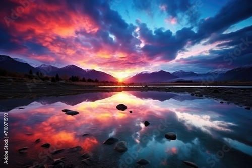 Beautiful sunset over mountain lake