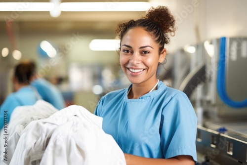 Portrait of a happy female worker in laundry service with industrial washing machines