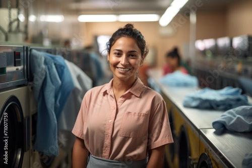 Portrait of a happy female worker in laundry service with industrial washing machines